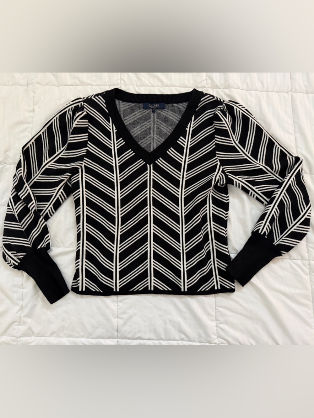 Rachel Roy Black & White Chevron V-Neck Sweater